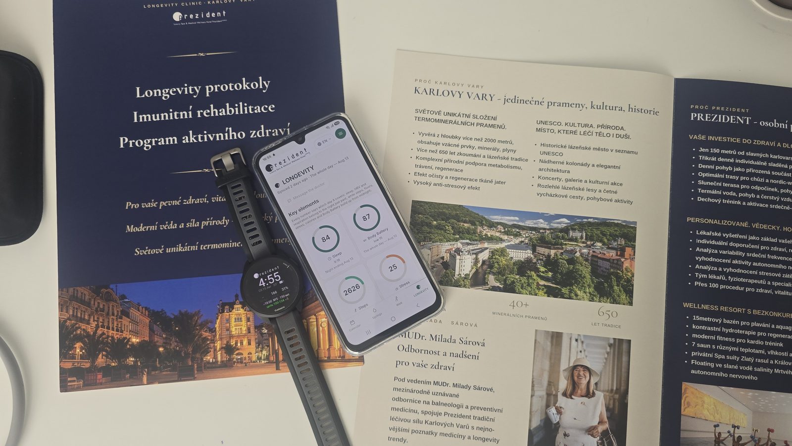 Implementation at Prezident Luxury Spa & Wellness Hotel (Karlovy Vary): branded Longevity protocols, Garmin watches with a custom hotel watch face, and a mobile guest portal.